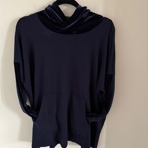 Eileen Fisher Midnight Blue Hoodie Top Sweater Velvet Hood Slits Size XS